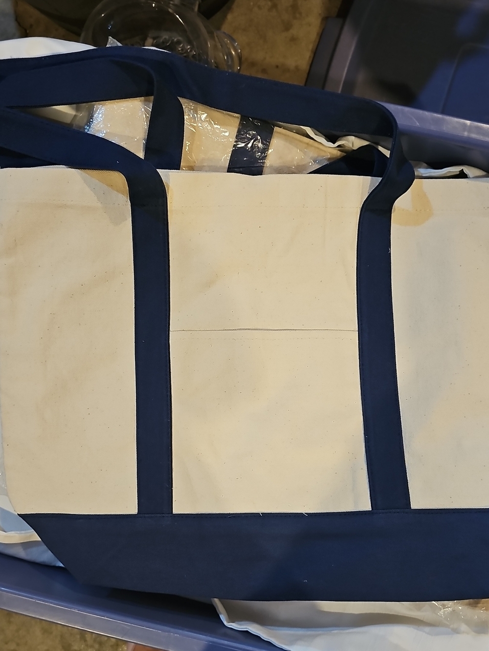 6 Canvas Tote Bags with Navy Trim - Cream and Navy